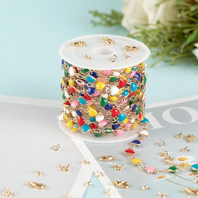 YOUBEIYEE 3 Meters Mixed Color Heart Chains Necklace DIY Gold Plated Chain for Jewelry Making Funny Enamel Bead Chain Decoration Chains Bulk