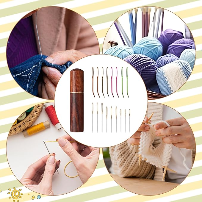 17pcs Large Eye Sewing Needles Kit with Wooden Case, Large Eye Blunt & Bent Tapestry Steel Yarn Needles Darning Needlepoint Supplies Embroidery Tools for Hand Knitting & Crochet Projects