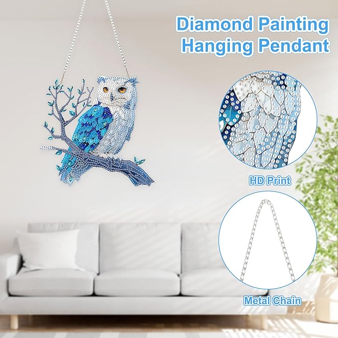 TOSTOG Owl Diamond Art Hanging Kits for Adults, Owl Diamond Painting for Adults Window Pendant, Special Shape Diamonds Diamond Painting Hanging Pendant Kit for Wall Home Decor Gift
