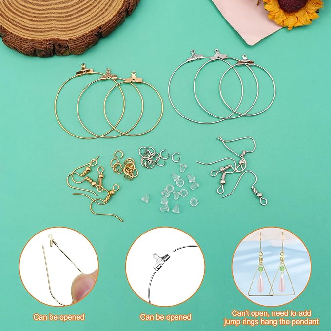 oubaka 720pcs earring making kit earring hoops for jewelry making, with teardrop triangle round beading hoop,earrings hooks,jump rings,earrings backs for diy craft(k gold,white k)