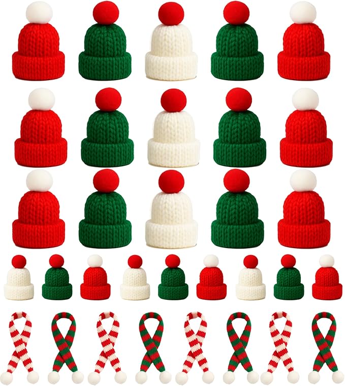 30 Pcs Mini Christmas Hats and Scarf Set – Small Santa Hats for Crafts, Mini Santa Hats for Dolls, Mini Snowman Hats & Finger Scarves, Tiny Christmas Hats for Mini Trees, DIY Christmas Decorations Kit