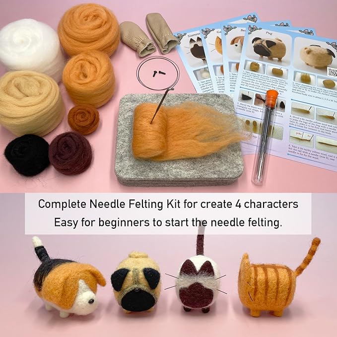 Truslin Needle Felting Kit, DIY Crafts for Adults Women, Hobby Kit with Felting Supplies,Felting Needles, Felting Wool and Tools for Beginners, Adult Craft Kits, Faceless Cat and Dog 4pcs