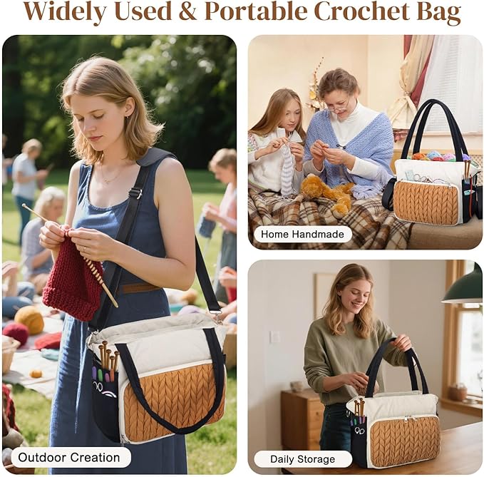 DALINDA Crochet Bag Organizer,Yarn Bag and Tote- Yarn Storage with Multiple Pockets for Crochet Supplies, Knitting Bag for Gifts,Portable & Durable(Brown)