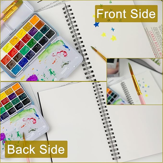 Set of 2, Each with 20 Sheets, 7.5 x 5.1 Inches, 140 lb Cold Press Watercolor Paper, 1150 GSM Black Hard Cover, Spiral Bound, White Pages for Drawing and Painting