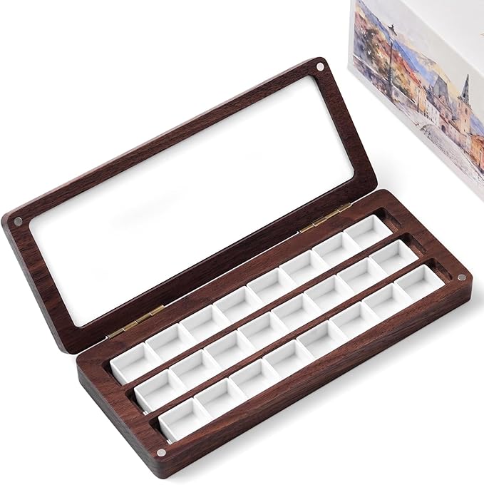 Fuumuui Watercolor Palette Box, Walnut Wood Palette Kit with Cover, 24 Empty Removable Half-pan Grids, Dual Tip Travel Brushes, for Watercolor Gouache Color Mixing, Pure White Palette