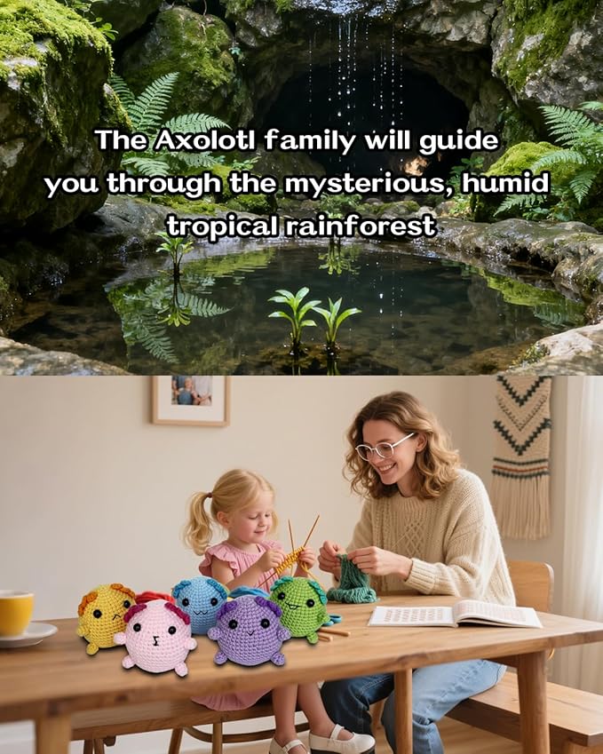 Fortilo Crochet Kit for Beginners 5PCS Crochet Animals Axolotl with Keychains with Step-by-Step Video Tutorials 30% Extra Yarn, Perfect for Gifts, Ideal Knitting Kit for Adults, Kids