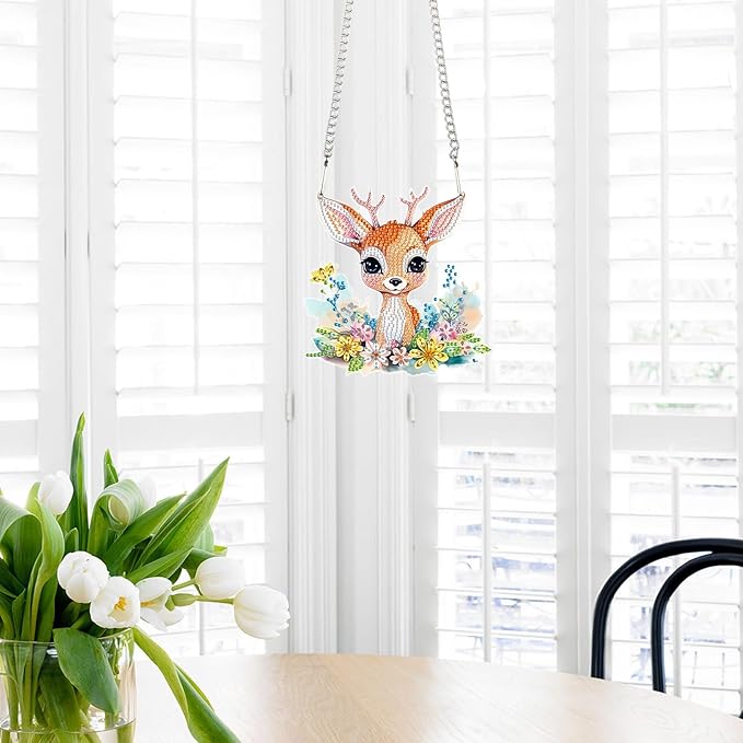 Animal Sika Deer Diamond Art Painting Hanging Pendant Kit DIY Diamond Painting Hanging Sign Crystal Diamond Art Kit for Home Wall Decorations Mosaic Crafts Garden Adults