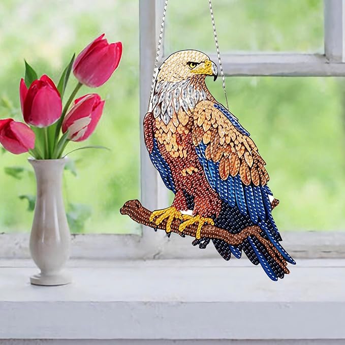 Auremi Eagle Diamond Art Painting Pendant Kits with Chain 5D Animal Diamond Art Hanging Kit DIY Diamond Crystal Window Door Hanging Pendant Kit for Adults Gift Wall Decor