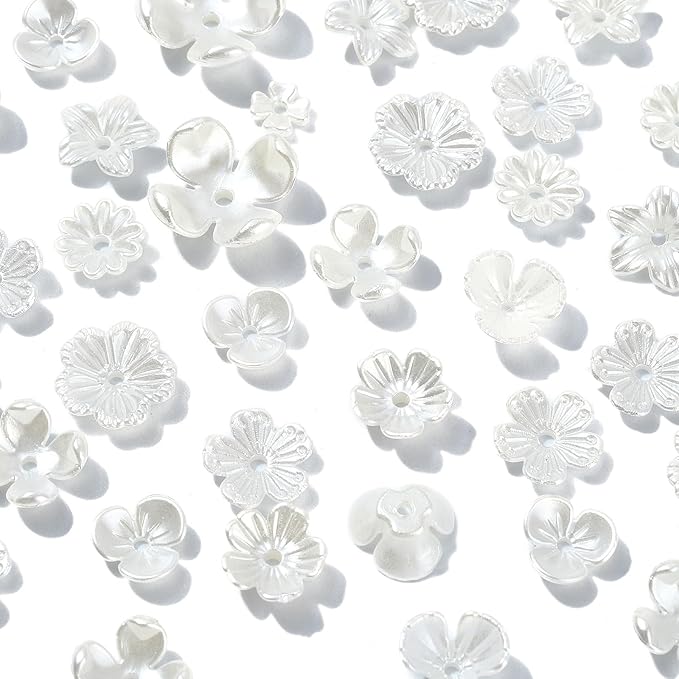 Ipotkitt 200 Pcs 10 Styles White Acrylic Flower Bead Caps ABS Plastic Spring Beads Imitation Pearl Flower Shaped Bead Caps Floral End Caps for DIY Craft Necklaces Bracelets Jewelry Making