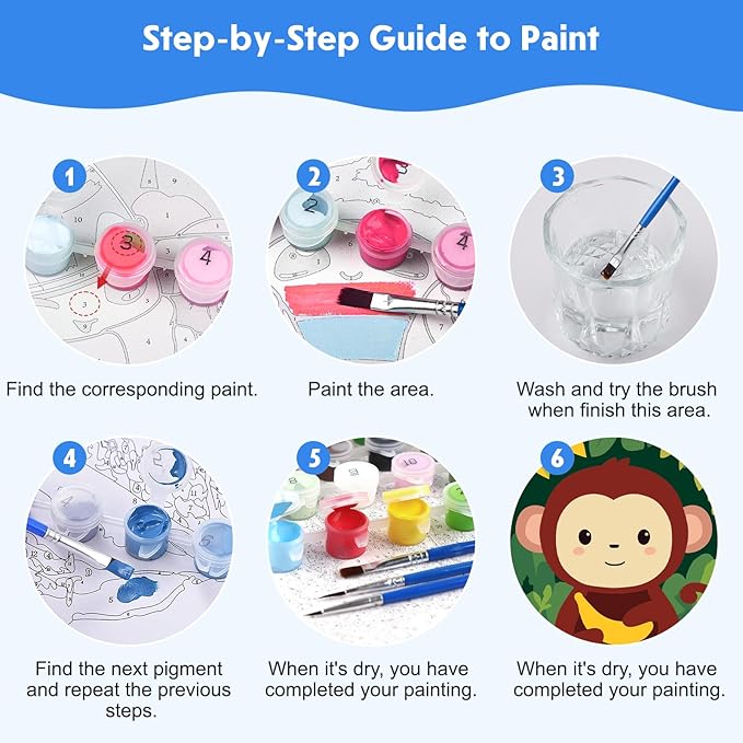 4 Pack Paint by Number for Kids with Wooden Frame, Cartoon Owl, Whale Paint by Numbers for Kids Ages 8-12, Baby Dinosaur, Monkey, DIY Acrylic Oil Painting for Beginners for Home Wall Decor 8X8 inch