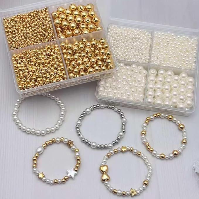 3360pcs Gold Round Beads & Pearl Beads 3/4/6/8mm 4 Size Smooth Ball Bead for Jewelry Making Metal Circle Bead for Bracelet Necklace Earring Making Supply