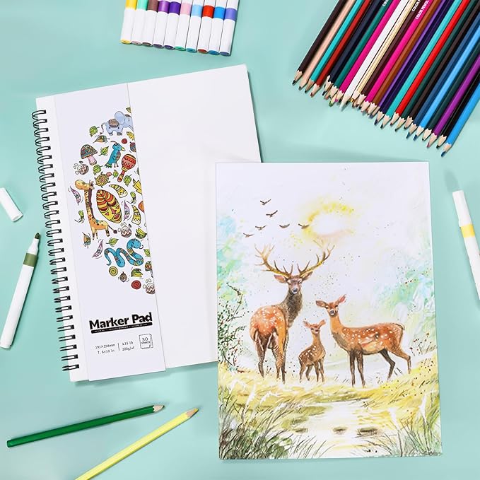 135lb/200gsm Marker Paper Pad, 7.6×10in Double Sided Bleedproof Marker Sketchbook, 30 Sheets Art Paper Sketch Pad, Painting Coloring Smooth Alcohol Marker Paper for DIY, Drawing, Ideal Gift