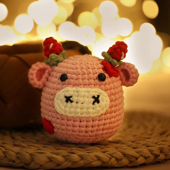 Crochet Kit for Beginners Adults - Cow Starters Crocheting Animal Kits for Teen, DIY Craft Birthday Gift with Crochet Yarns, Hook, Step-by-Step Video, Instruction and Crochet Accessories