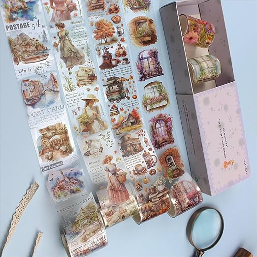 Vintage PET Tape Stickers, Flower Women Caffeine Canvas Cafe Window 6 Rolls Assorted Decorative Tape for Crafts, Journaling, Scrapbooking, Bujo DIY Supplies