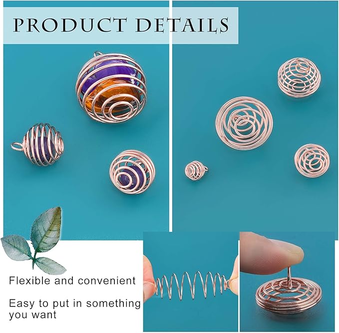 PH PandaHall 24pcs 4 Sizes Spiral Bead Cages Pendants Stone Holder Necklace Cage 24 Strands 17 Inch Black Leather Necklace Cord 50pcs 6mm Open Jump Ring Rock Tumbler Jewelry Making, Rose Gold