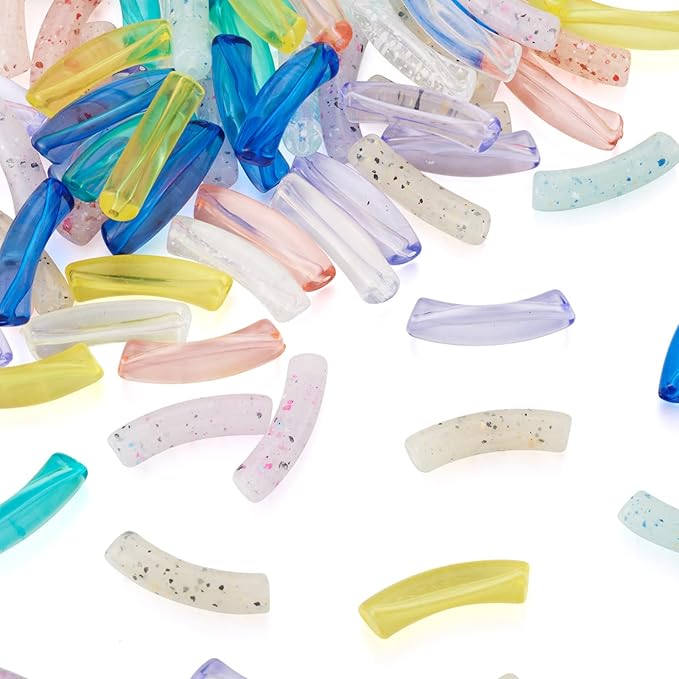 Crafans 110Pcs Transparent Acrylic Tube Beads 11 Style Long Noodle Tube Beads Curved Tube Beads Bamboo Tube Beads for Bamboo Bangles Bracelet Tube Beads Jewelry Making