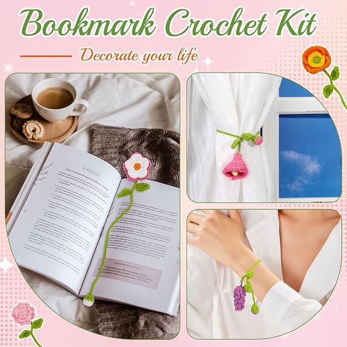 GarfxG Crochet Kit for Beginners Adults, 10 Flower Bookmarks Beginner Crochet Kit Include Knitting Yarn, Step-by-Step Video Tutorial, Hook, Holiday Birthday Christmas Gift for Friends Families