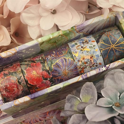 YUBBAEX Blooming Washi Tape Set Gold Foil Masking Tape Peony Wide Decorative for Arts, DIY Crafts, Journal Supplies, Planners, Scrapbook, Card/Gift Wrapping -25mm- (Purple Flowers)