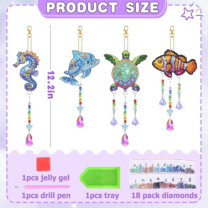 Diamond Art Kits for Kids - Crafts Gifts for Girls 8-12, 4 Pcs Double Sided Sea Animal Style Wind Chime, Hanging Crystal Rhinestone Painting Ornament