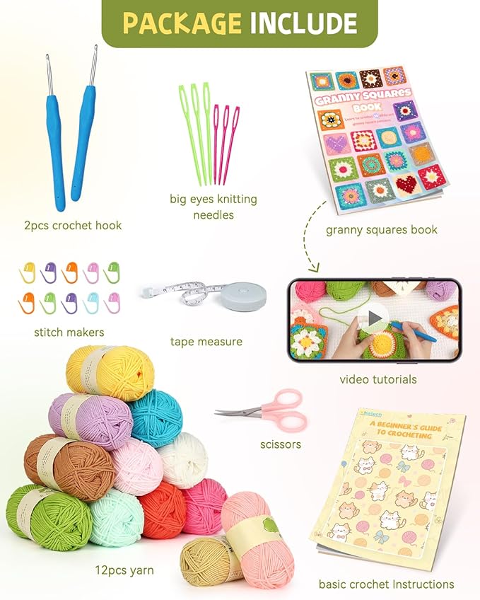 Katech Crochet Kit for Beginners-Crochet Kit for Adults Kids w/Step-by-Step Video Tutorials, Learn to Crochet 50 Pattern Granny Square Kit Crochets Starter Kits w/Upgraded Yarn-Zero Based Friendly