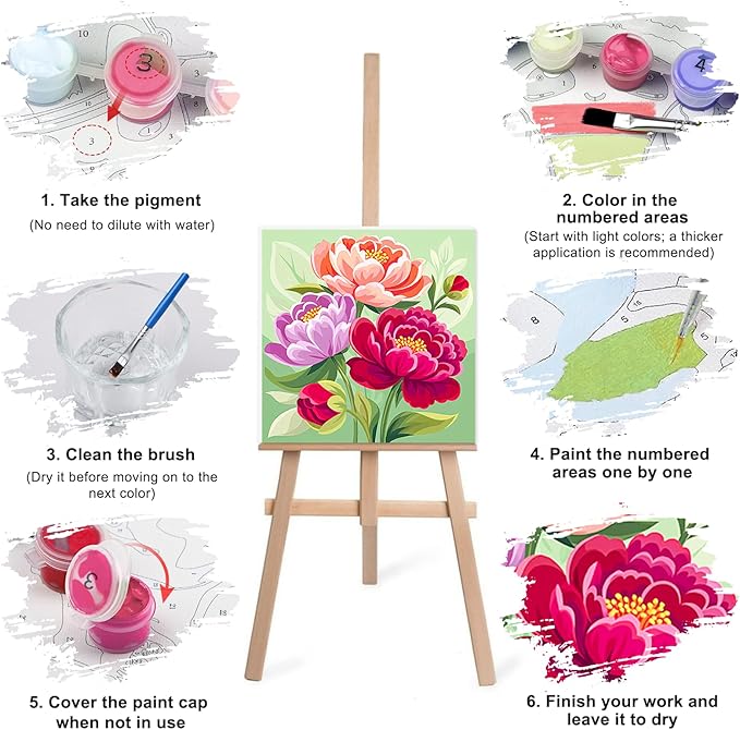 Lxmsja 4 Pack Colorful Peony Quartet Paint by Numbers Kit for Adults, Easy Framed Paint by Numbers for Adults Beginner, DIY Acrylic Oil Painting Craft Kits for Home Wall Decor 8x8 inch
