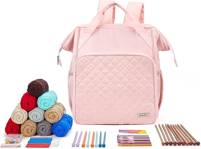 HOMEST Knitting Bag Backpack, Crochet Storage Organizer, Large Yarn Holder with Custom Front Pocket for Crochet Accessories and Supplies, Pink