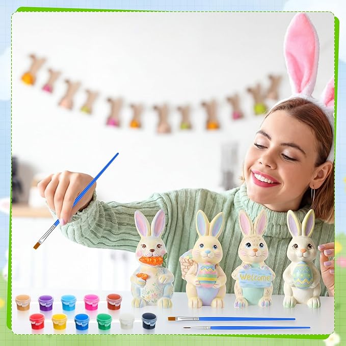 Zubebe 4 Pcs Easter Ceramics to Paint Bunny Kits Ready to Paint Your Own Easter Bunny Figurines 5.1 Inch 3D Unpainted Blank Ceramics with Brush and Palette Rabbit Statues for Craft (Cute Style)