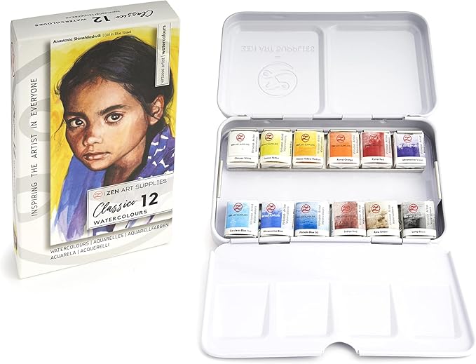 ZenART Professional Watercolour Paint - Non-Toxic 12 Half-Pan Set in Metal Tin Palette - Portable Travel Watercolour Set for Adults - Vibrant Essential Primary Water Colors