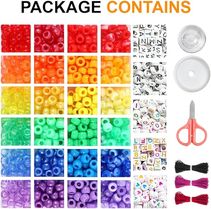 4000+Pcs Pony Beads Bulk, 6*9mm| Friendship Bracelet Making Kit with Assorted Color Plastic Beads in 2 Storage Boxes with 20m Crystal, 30m Elastic String, 3X Braided Ropes & Scissor| Ideal for Jewelry