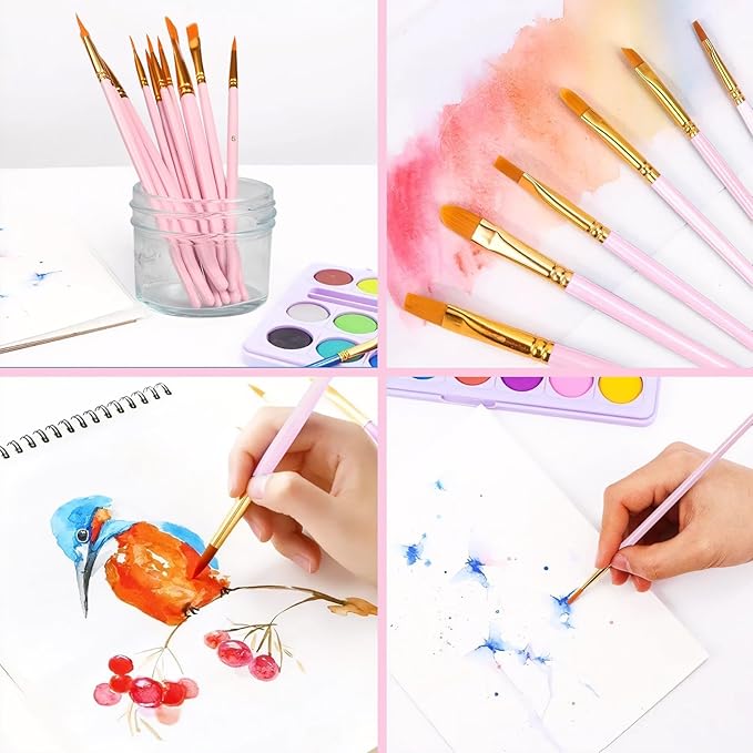 Acrylic Paint Brush Set, (20 Packs /200 pcs) Nylon Hair Brushes for Oil and Watercolor, Perfect Suit of Art Painting, Best Present for Painting, Pink