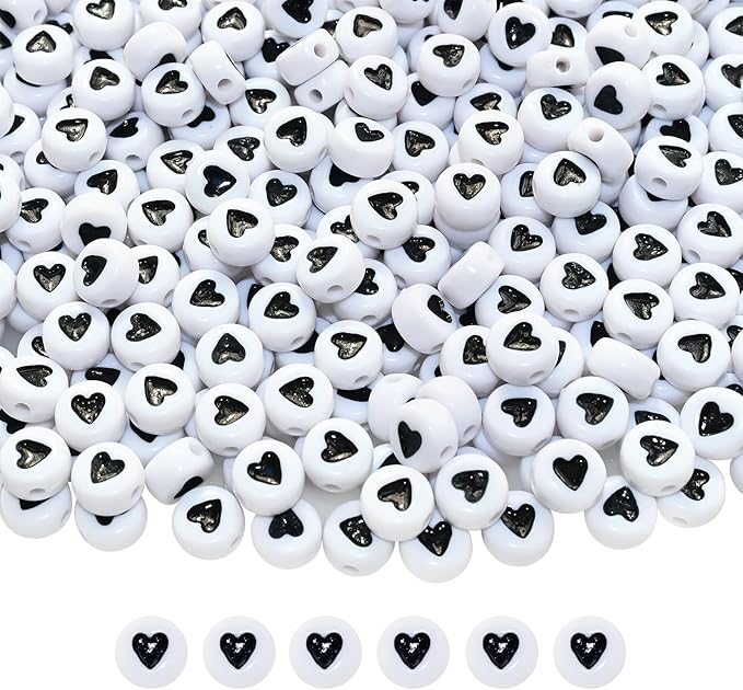 Amaney 500Pcs 7x4mm White Acrylic Black Heart sheap Round Beads Mixed Colors Plastic Loose Beads for Jewelry Making Bracelets Necklaces Key Chains