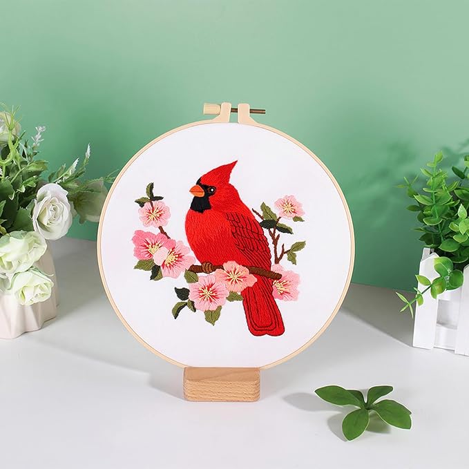 Louise Maelys Cardinal Embroidery Kits for Beginners with Bird Flower Pattern,Adults Starter Cross Stitch Kit DIY Needlepoint
