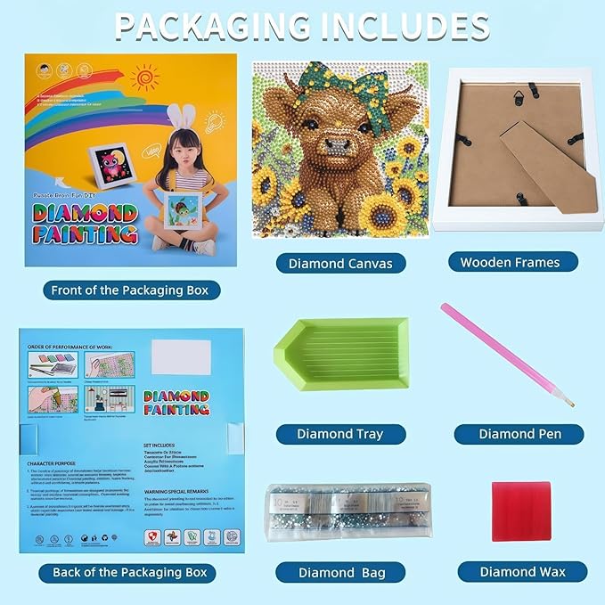 BYGFHLYW Cow Diamond Painting Kit for Kids with Frame, Animals Diamond Art for Kids Ages 8-12, Full Drill Cute Diamond dot Big Gem Art Kits for Children Beginners Home Wall Art Decor 7X7 inch