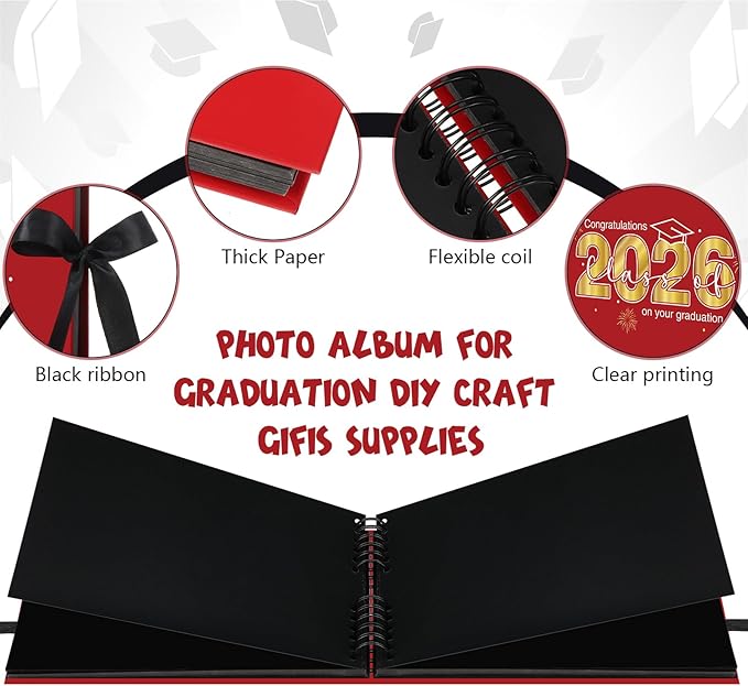 80 Pages Graduation Scrapbook Kit 11 x 8 Inch Photo Album of 2026 Graduation Decoration with 12 Metal Pens and 4 Sheets Stickers for DIY School Congrats Grad Memory Book to Sign(Red)