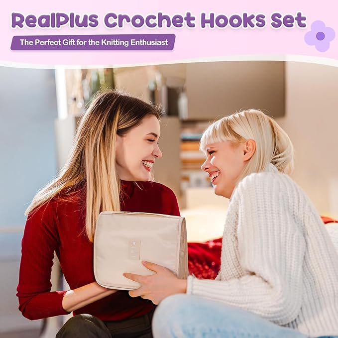 RealPlus 108PCS Crochet Kit for Beginners, 14 Sizes Crochet Hooks, Crochet Hook Set with Ergonomic Soft Handle, Gift for Women, Crochet Tool with Storage Bag