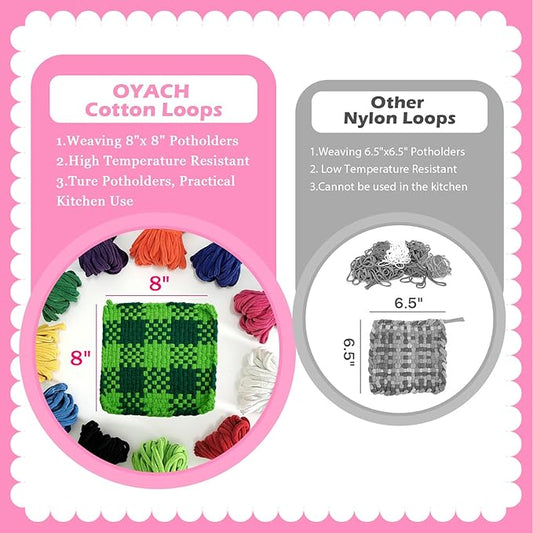 OYACH 440pcs 10inch Cotton Potholder Weaving Loom Refill Loops, 11 Colors Rainbow Loops Bands,Pot Holder Loom Loops Pack with Hooks for Kids Adults DIY Crafts,8pcs Cotton Potholders(Loom not Included)