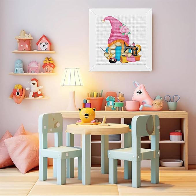 VIGEGU Gnome Cross Stitch Kits for Adults,Sewing Machine Stamped Cross Stitch Embroidery Kit for Beginners with Wooden Framed, Arts and Crafts for Girls 8-12 Partial 11CT Cross-Stitch 7.9x7.9inch