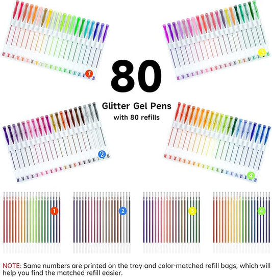 Shuttle Art 160 Pack Glitter Gel Pens, 80 Colors Glitter Gel Pens Set with 80 Refills for Adults Coloring Books Drawing Crafts Scrapbooking Journaling