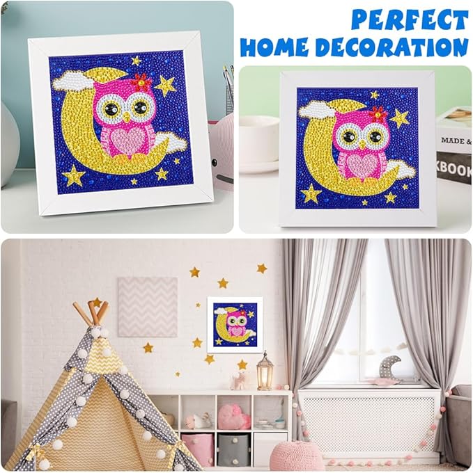 QEUOYSS Diamond Art Kit for Kids with Wooden Frame Art and Crafts for Kids Ages 6-8 -10-12 Easy to DIY Diamond Art for Kid and Adult Beginners Home Wall Decoration (Female owl)