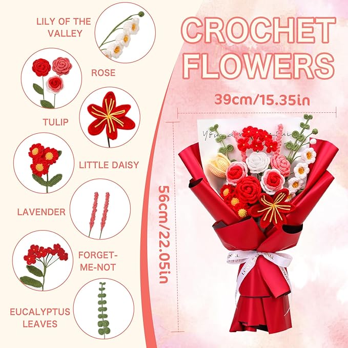 Iuuidu Crochet Kit for Beginners, Flower Bouquet Crochet Kit Rose, Crochet Starter Kit for Beginners with Step-by-Step Video Tutorials for Birthday Anniversary Day Present, Home Decor (Red)
