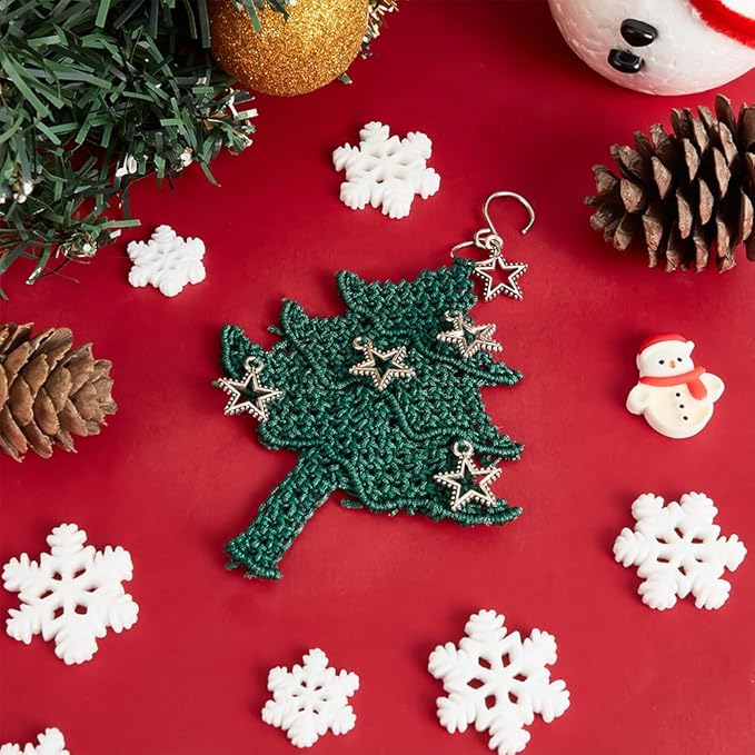 FREEBLOSS 9 Set Macrame Christmas Tree with Pentagram Boho Decor Hanging Ornament Nylon Christmas Tree Ornaments Macrame Kit for Beginners