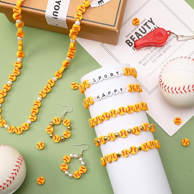 Augshy 300Pcs Softball Clay Beads for Jewelry Making, Softball Polymer Clay Beads Baseball Loose Spacer Bead for Bracelets Necklaces Earrings and Crafts Supplies