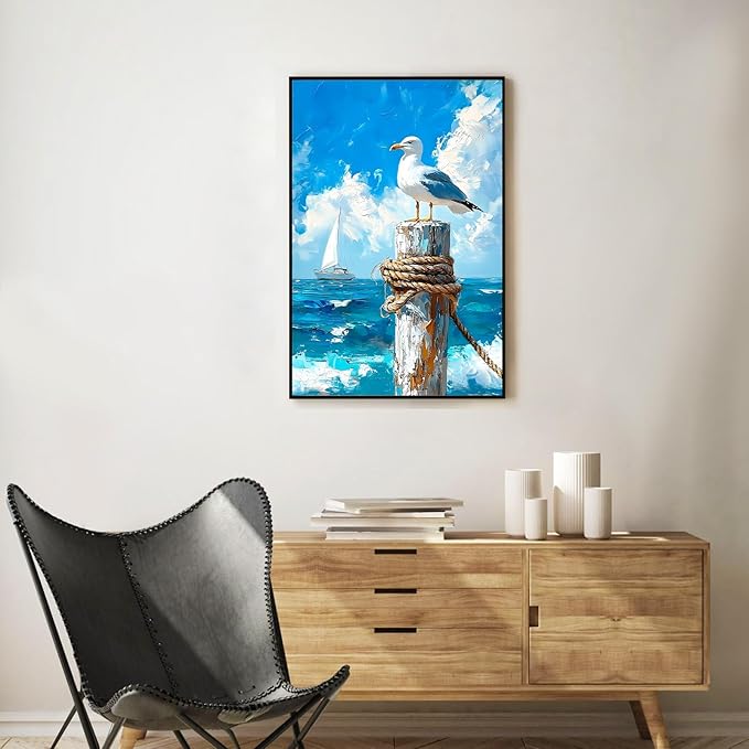 Framed Paint by Numbers Kit for Adults Beginner Seagull, Adult Paint by Number Kits on Canvas Framed Seascape, DIY Acrylic Oil Painting by Numbers with Frame, Perfect for Home Decor Gift 8 X 12 Inch