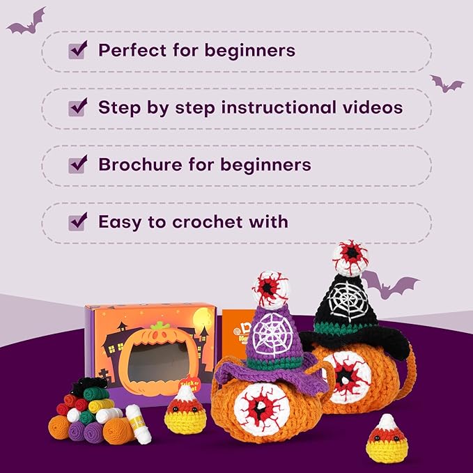 Sinyon Beginner Crochet Kit with Video Tutorials - Pumpkin Candy Bag Crochet Patterns, 40%+ Premium Yarn, Complete Crocheting Tools for Adults & Kids - DIY Craft Gift for Birthdays, Holloween (Purple)