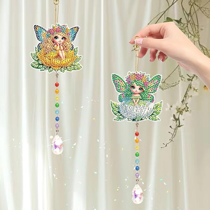 LazyFold 2 Pcs Diamond Painting Wind Chime Kits,Flower Fairy DIY Diamond Art Painting Wind Chime Kits Crystal Art Suncatchers for Adults Home Garden Window Craft Gift