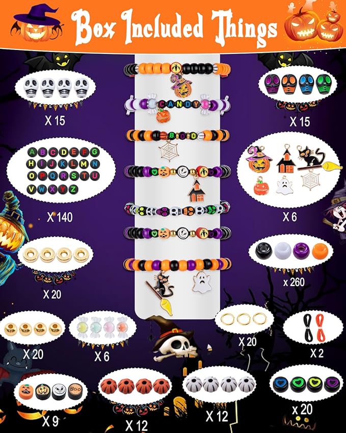 Taybonds Halloween Beads for Bracelet Jewelry Making Kit, Skull Polymer Clay Beads Pony Beads, Halloween Beads Charm for DIY Necklace Earrings, Gifts for Party