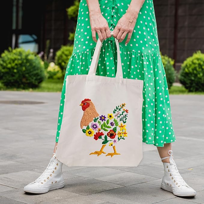 louise maelys embroidery kit canvas tote bag for beginners,cross stitch kits for adults,diy hen flowers pattern,women shopping reusable grocery bags