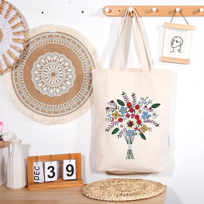 CREAWONDER Canvas Tote Bag Embroidery Kit with Pattern for Beginners, Arts and DIY Embroidery Crafts Kits for Adults, Include Instructions, Thimble, Embroidery Hoops, Color Threads and Tool