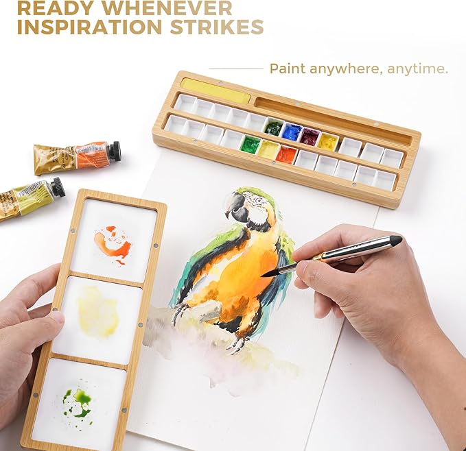 Fuumuui Watercolor Palette Box, Burlywood Palette Kit with Cover, 24 Empty Removable Half-pan Grids, Dual Tip Travel Brushes, for Watercolor Gouache Color Mixing, Pure White Palette for Painting