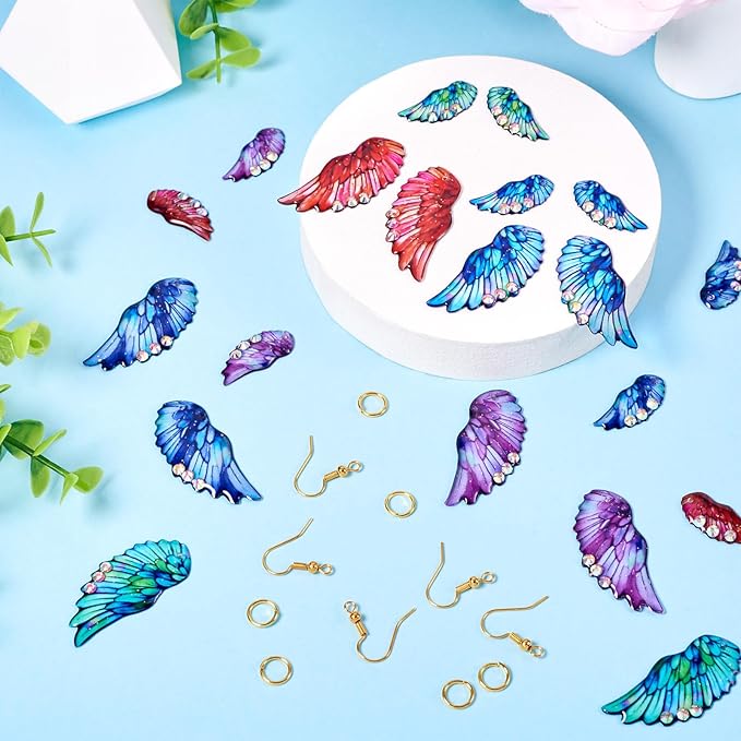 FASHEWELRY 20Pcs Resin Angel Wing Charms for Jewelry Making, Bright Color Fairy Wing Earring Charms Colorful Feather Pendant Earrings Making Kit Earring Hook Jump Rings